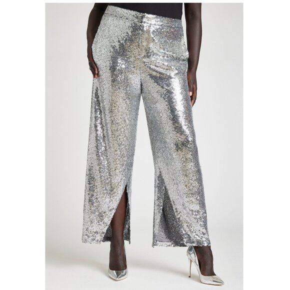 NEW Plus Size 24 3X Eloquii Silver Sequin Trouser Dressy Dress Pants Party Event - Picture 1 of 4